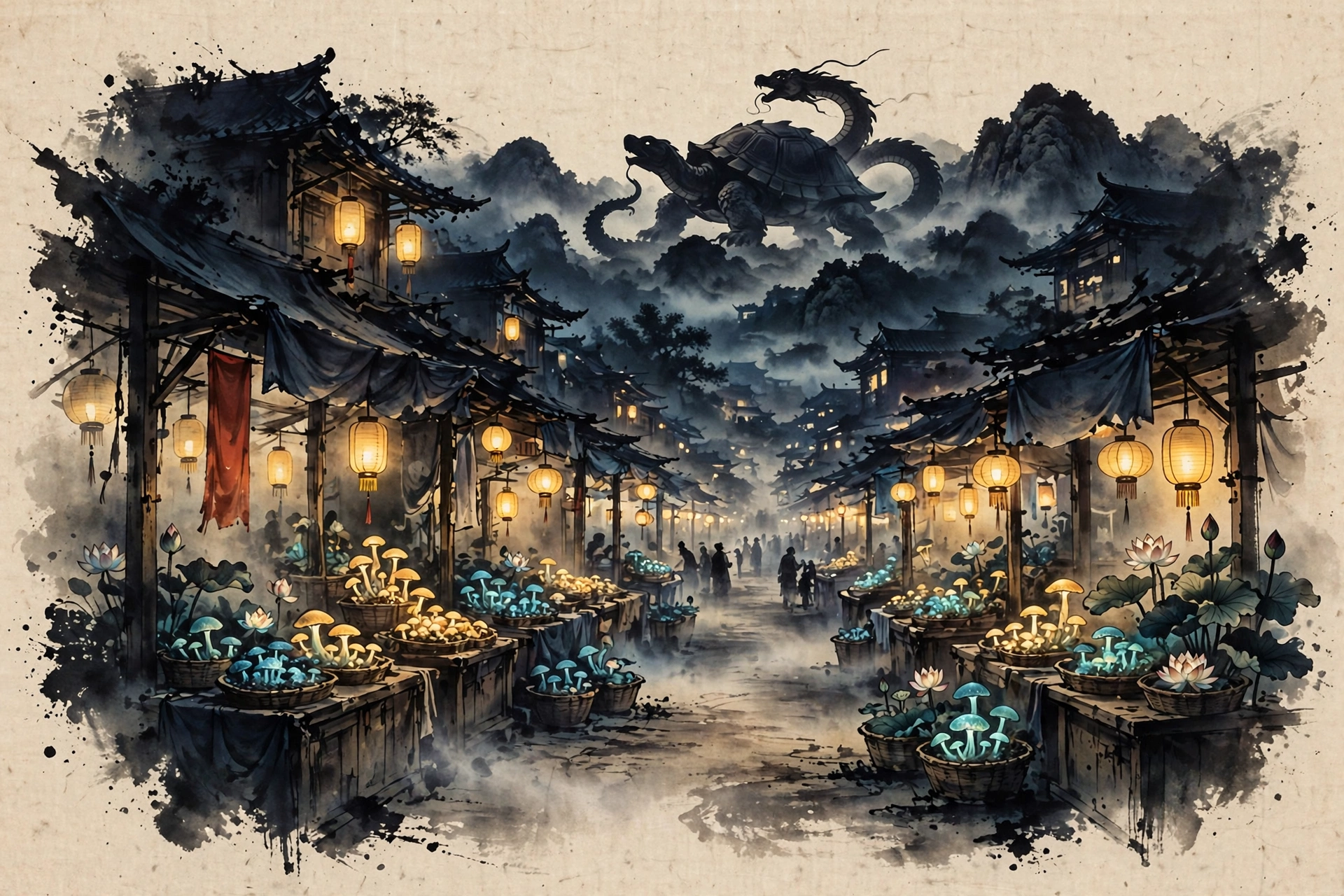 An ink-wash night market with lantern stalls and baskets of spirit plants